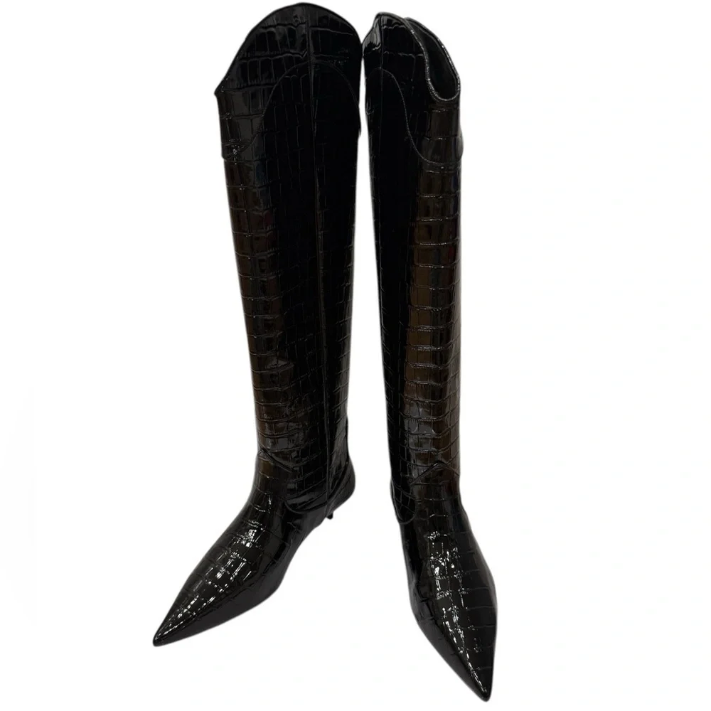 Anine Bing Black Croc-Embossed Knee-High Boots size 38